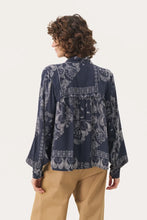 Load image into Gallery viewer, Part Two Najia bow front blouse Navy Graphic Paisley