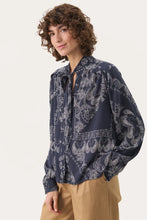 Load image into Gallery viewer, Part Two Najia bow front blouse Navy Graphic Paisley