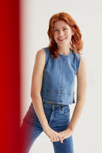 Load image into Gallery viewer, Compañia Fantastica Scalloped edge shoulder denim top Blue - CW CW