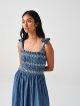 Load image into Gallery viewer, seventy + mochi Sally tie Beadeau dress in Washed Indigo
