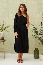 Load image into Gallery viewer, Chico Soleil Pepita asymmetric one shoulder belted dress Noir