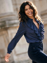 Load image into Gallery viewer, Nooki Marlow satin ruffle detail blouse Navy