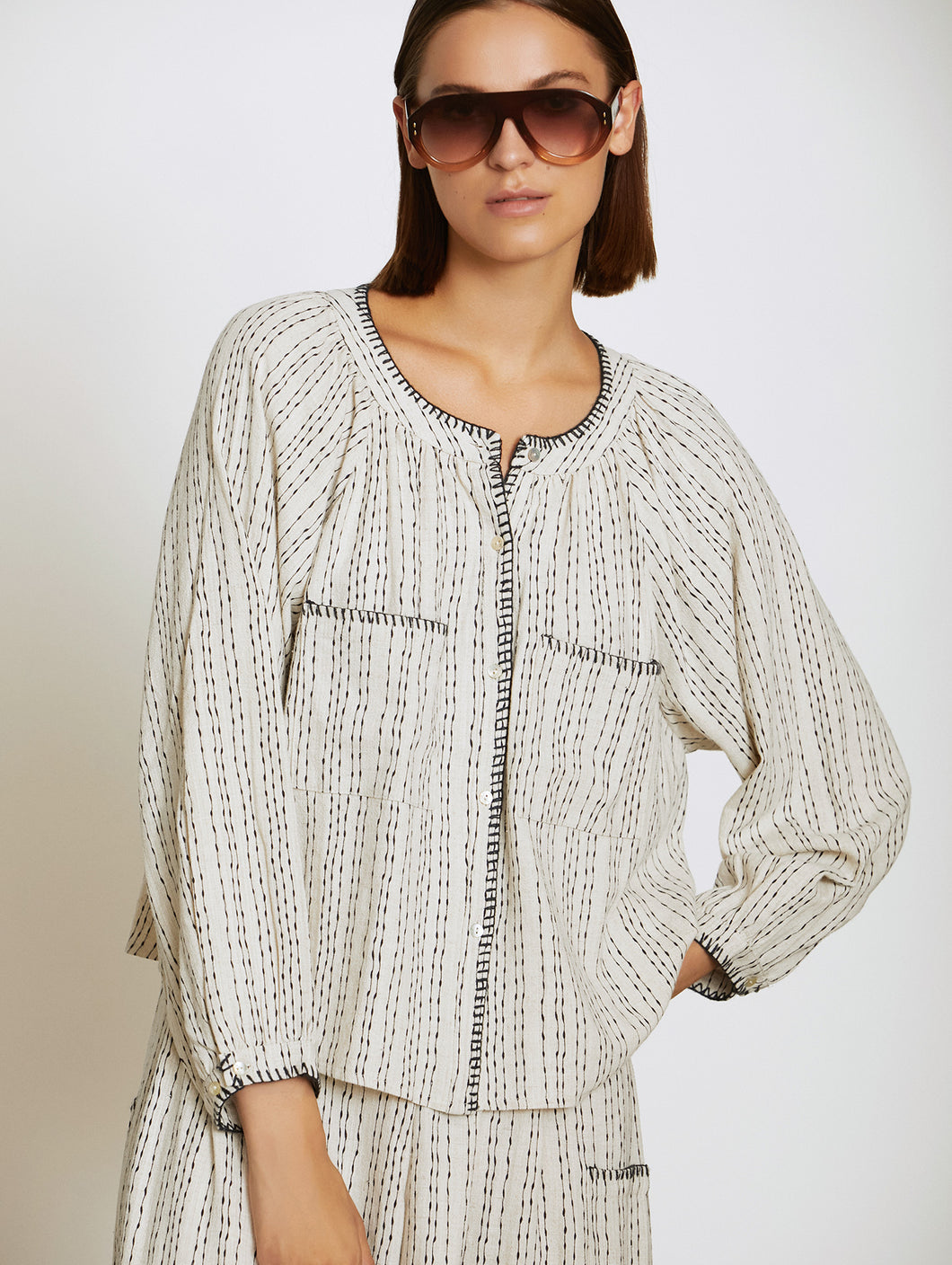 Skatïe Linear polka dot print blouse with blanket stitch Navy