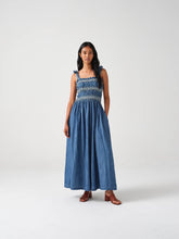 Load image into Gallery viewer, seventy + mochi Sally tie Beadeau dress in Washed Indigo