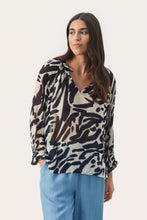 Load image into Gallery viewer, Part Two Elsia ruffle detail georgette blouse Dark Navy Brush