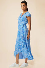 Load image into Gallery viewer, Aspiga Demi wrap Painted Floral print dress Blue/White
