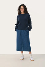 Load image into Gallery viewer, Part Two Lisamarie cable sweater with side buttons Navy Blazer