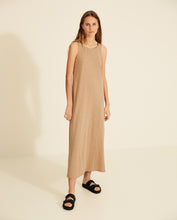 Load image into Gallery viewer, Yerse Long length slub jersey dress with woven detailing in Camel
