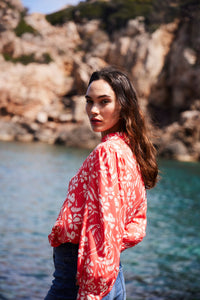 Ichi Nasreen print high neck blouse Hot coral Flower