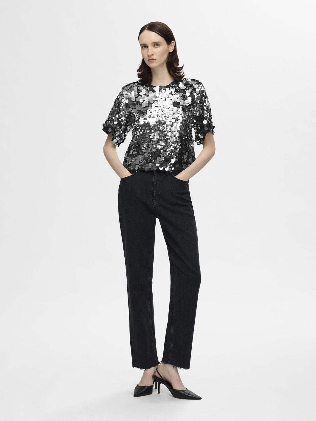 Selected Femme Tana graduated sequin top Silver