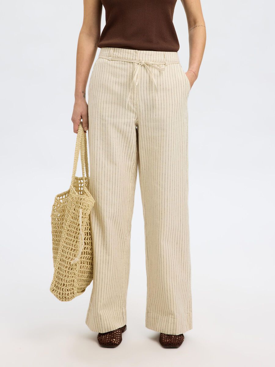 Selected Femme Johanne striped belted long trousers Birch