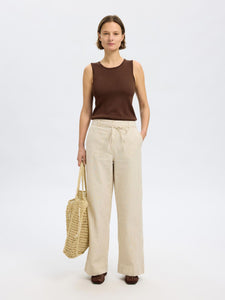 Selected Femme Johanne striped belted long trousers Birch
