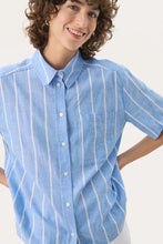 Load image into Gallery viewer, Part Two Renee linen blend striped shirt Marina Blue White
