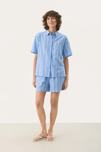 Part Two Renee linen blend striped shirt Marina Blue White