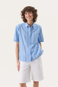 Part Two Renee linen blend striped shirt Marina Blue White