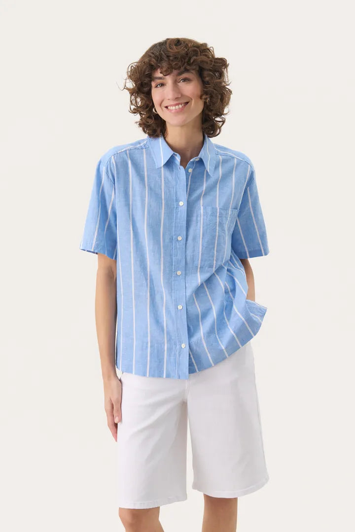 Part Two Renee linen blend striped shirt Marina Blue White