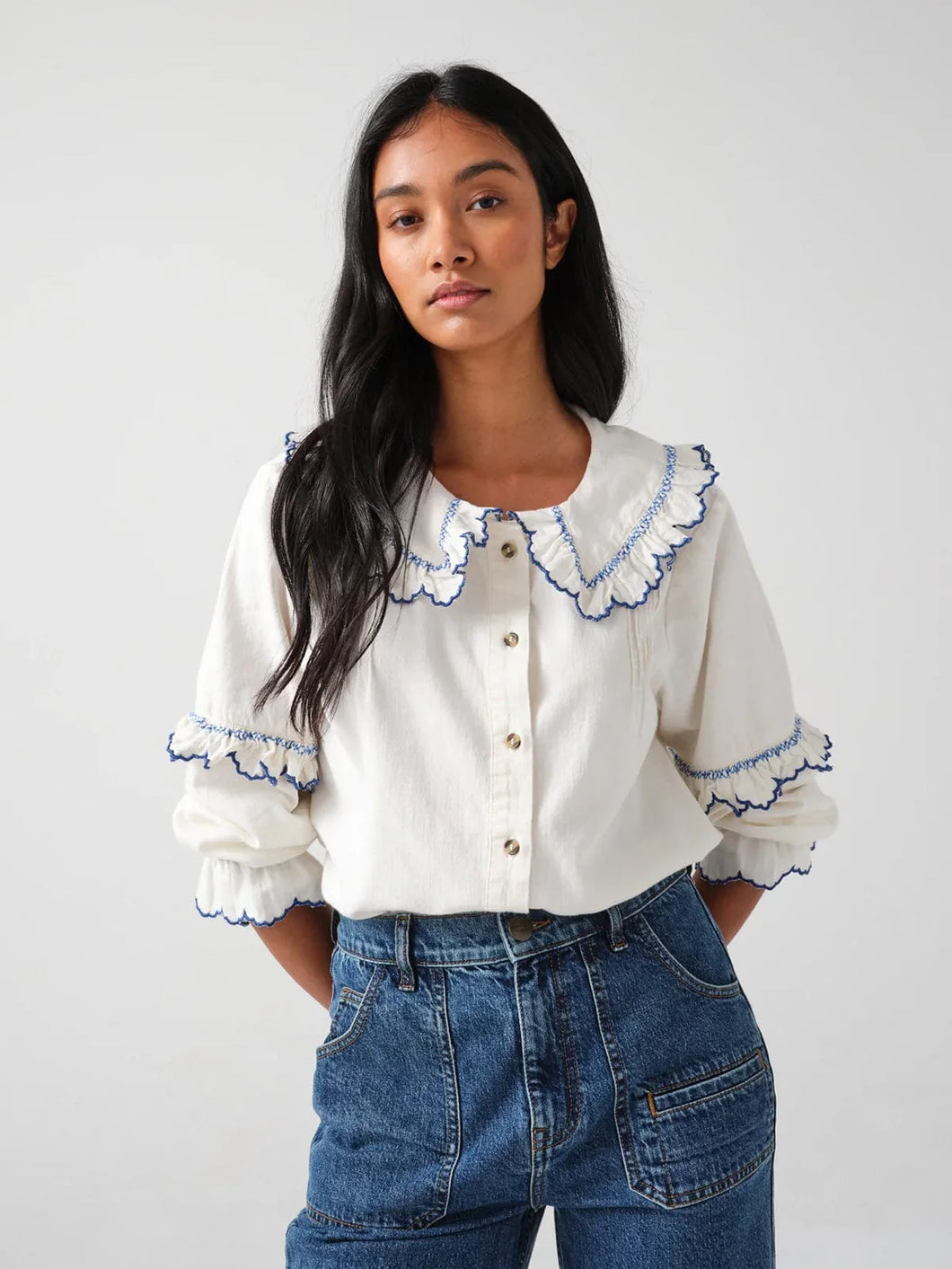 seventy + mochi Phoebe frill embroidery blouse Ecru & Electric Blue