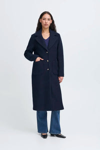 Ichi Stipa midi length coat Dark Navy