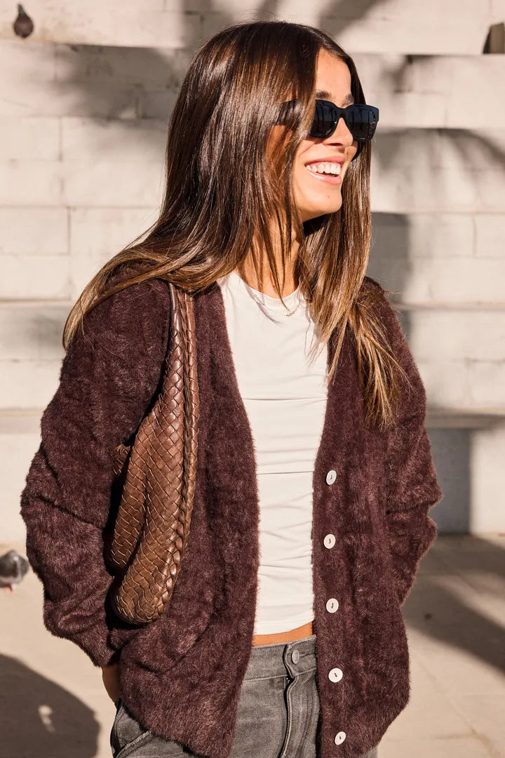 Ichi Brula teddy soft V neck cardigan Coffee Bean