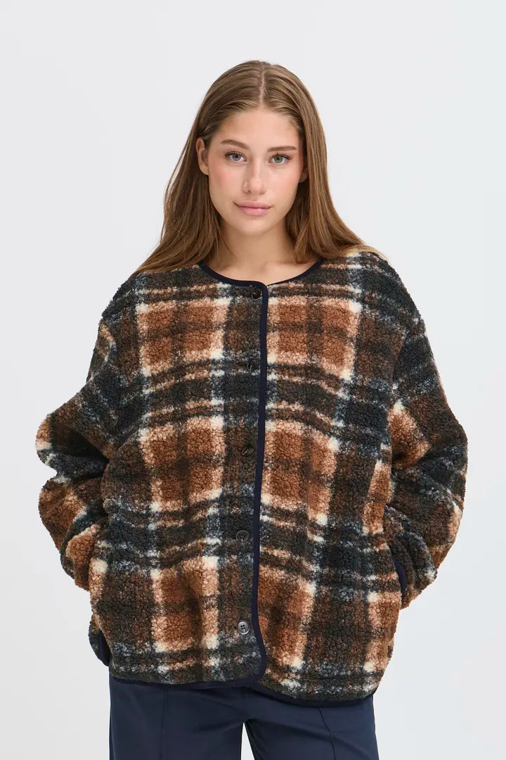 Ichi Kolira fleece printed check jacket Dark Navy