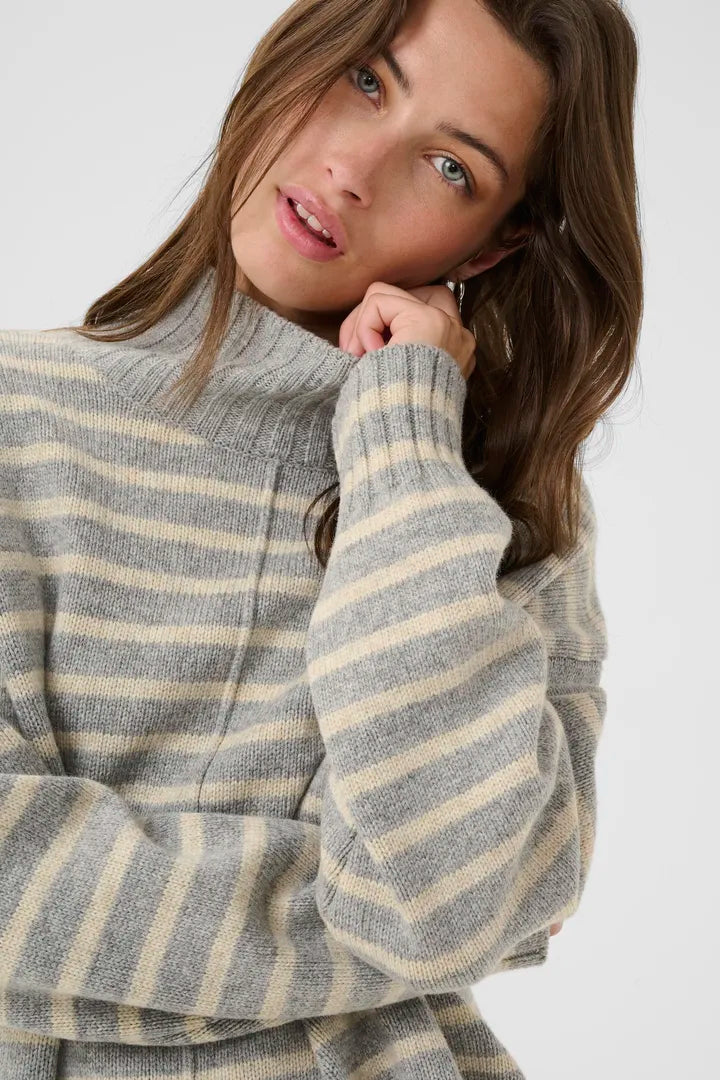 Part Two Lilye high neck striped jumper Grey Melange & French Oak