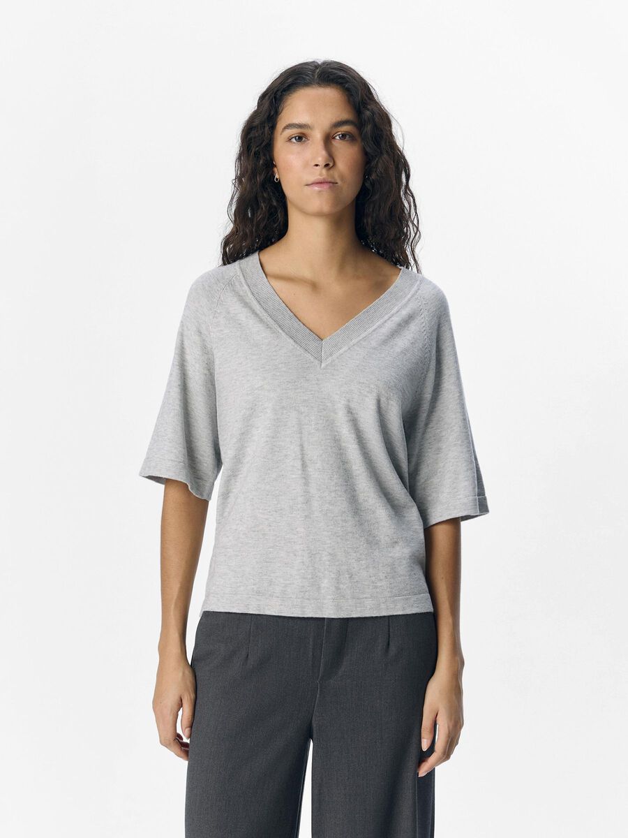 Object Thess v neck short sleeve knit Light Grey Melange