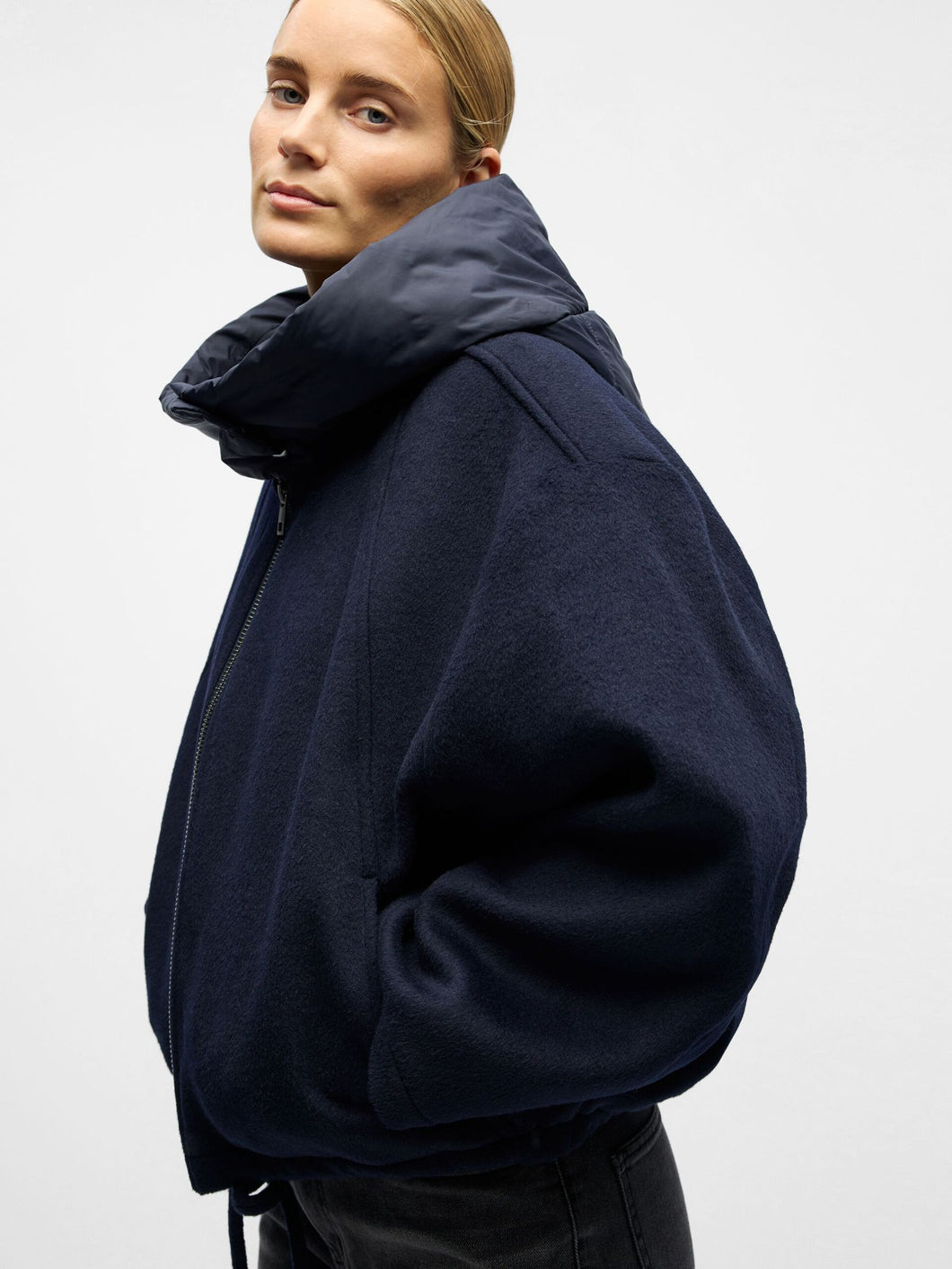 Object Moore detachable collar wool bomber jacket Navy