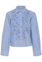 Load image into Gallery viewer, Part Two Pranvera pinstripe ruffle front shirt Amparo Blue Stripe
