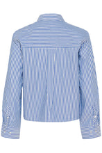 Load image into Gallery viewer, Part Two Pranvera pinstripe ruffle front shirt Amparo Blue Stripe
