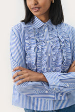 Load image into Gallery viewer, Part Two Pranvera pinstripe ruffle front shirt Amparo Blue Stripe
