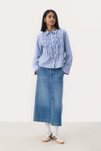 Load image into Gallery viewer, Part Two Pranvera pinstripe ruffle front shirt Amparo Blue Stripe
