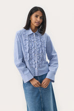 Load image into Gallery viewer, Part Two Pranvera pinstripe ruffle front shirt Amparo Blue Stripe
