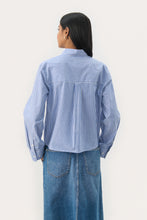 Load image into Gallery viewer, Part Two Pranvera pinstripe ruffle front shirt Amparo Blue Stripe
