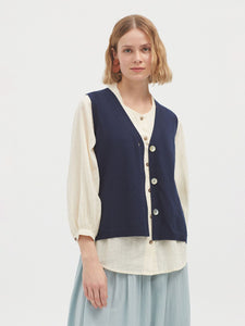 Nice Things Knitted linen blend button waistcoat Navy