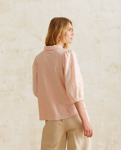 Yerse Romantic shirred shoulder yoke detail linen blouse Pale Pink