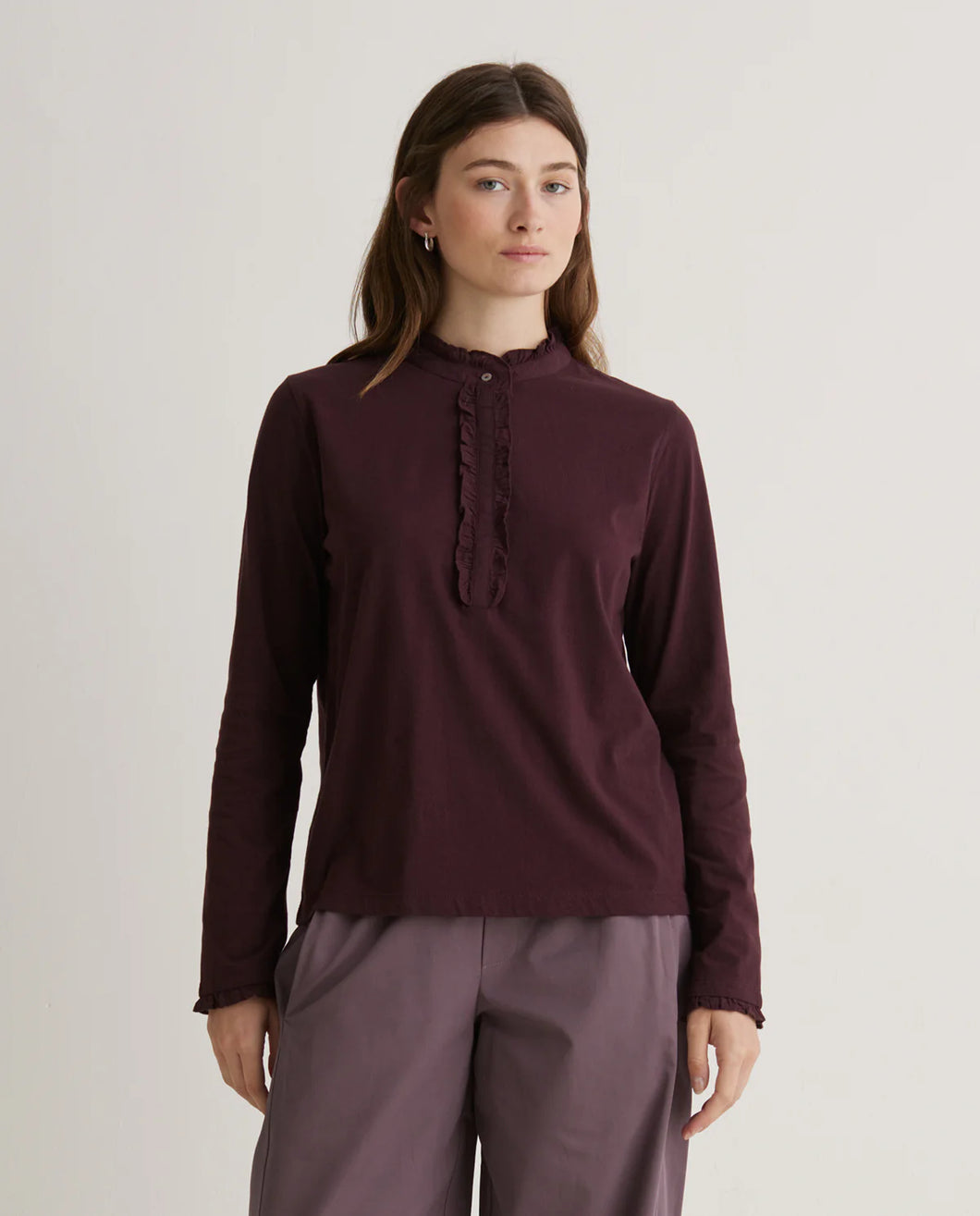 Yerse Woven frill detail jersey shirt Aubergine