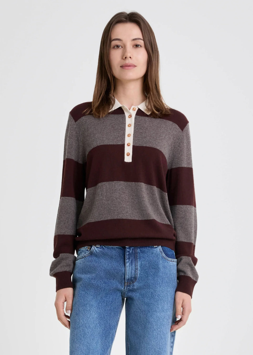 Yerse Striped knit rugby knit Chocolate Bordeaux