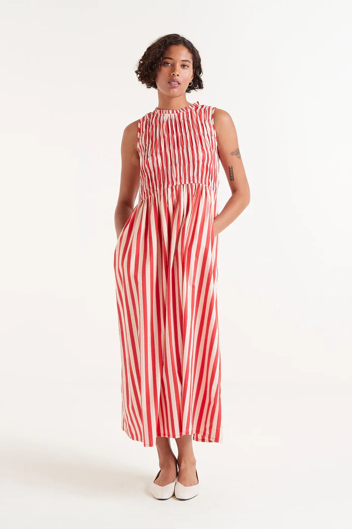 Compañia fantastica Striped shirred dress Red White