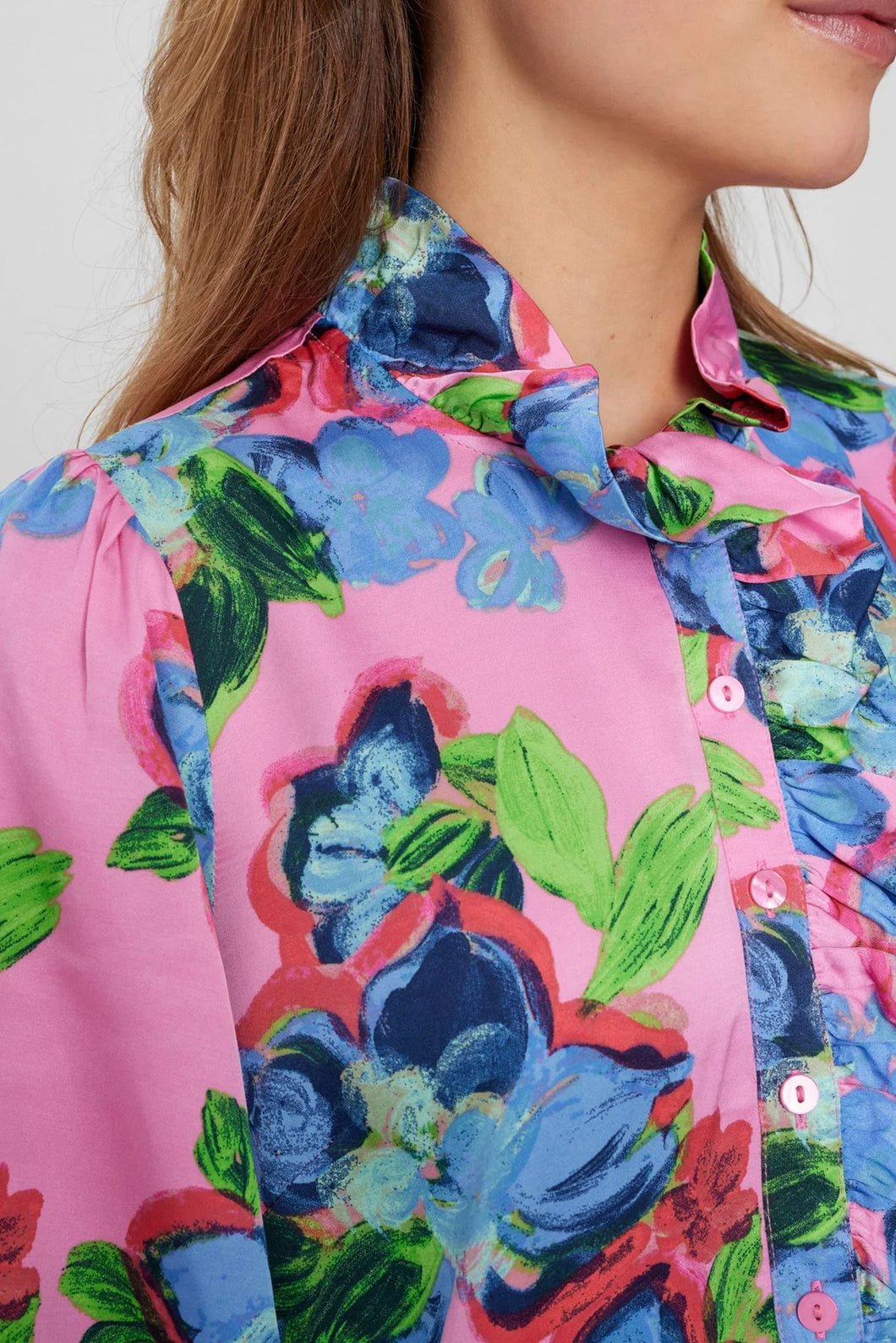 Numph Gabby floral frill blouse Fuschia Pink