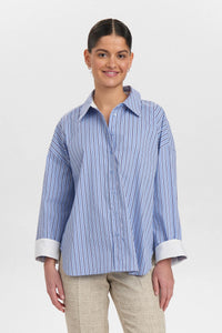 Numph Eloise striped shirt contrast turn back cuff Granada Sky