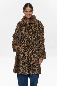 Numph Lulla leopard print faux fur coat Black Coffee