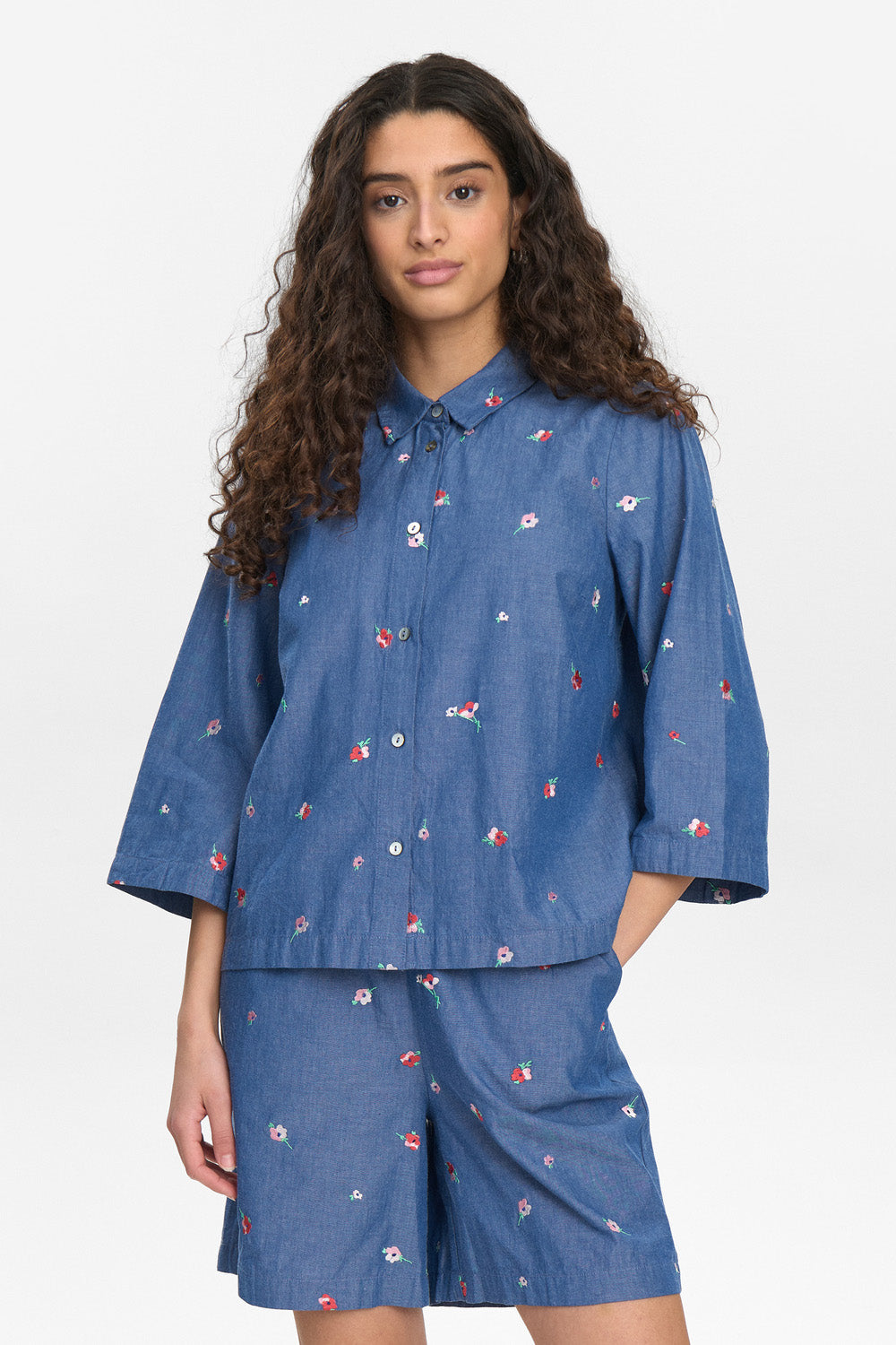 Numph Zira embroidery detail chambray shirt Blueprint Multi