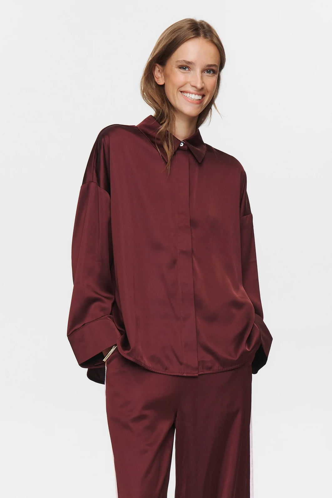 Numph Santina satin button back shirt Wine Tasting