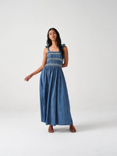 Load image into Gallery viewer, seventy + mochi Sally tie Beadeau dress in Washed Indigo
