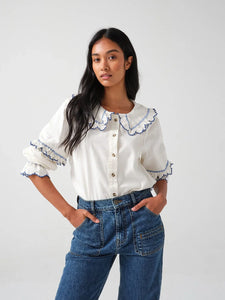 seventy + mochi Phoebe frill embroidery blouse Ecru & Electric Blue