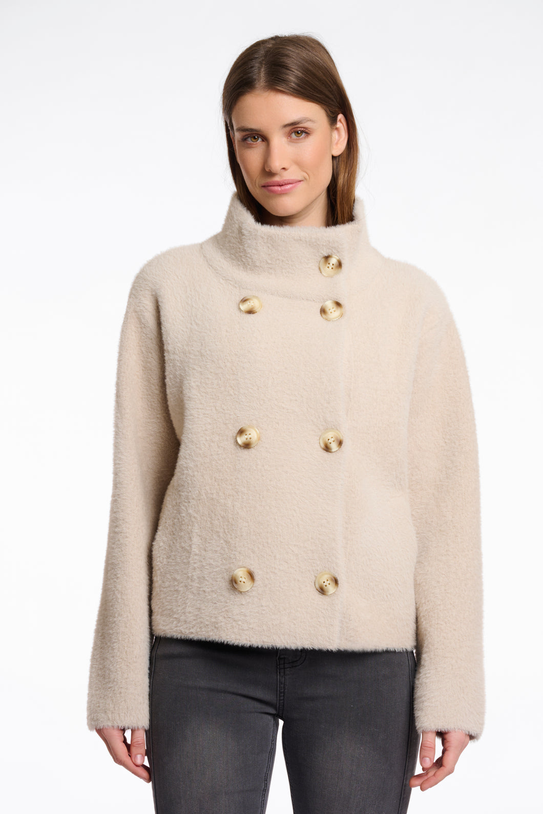 Rino & Pelle Beth fluffy knit structured DB jacket Stone