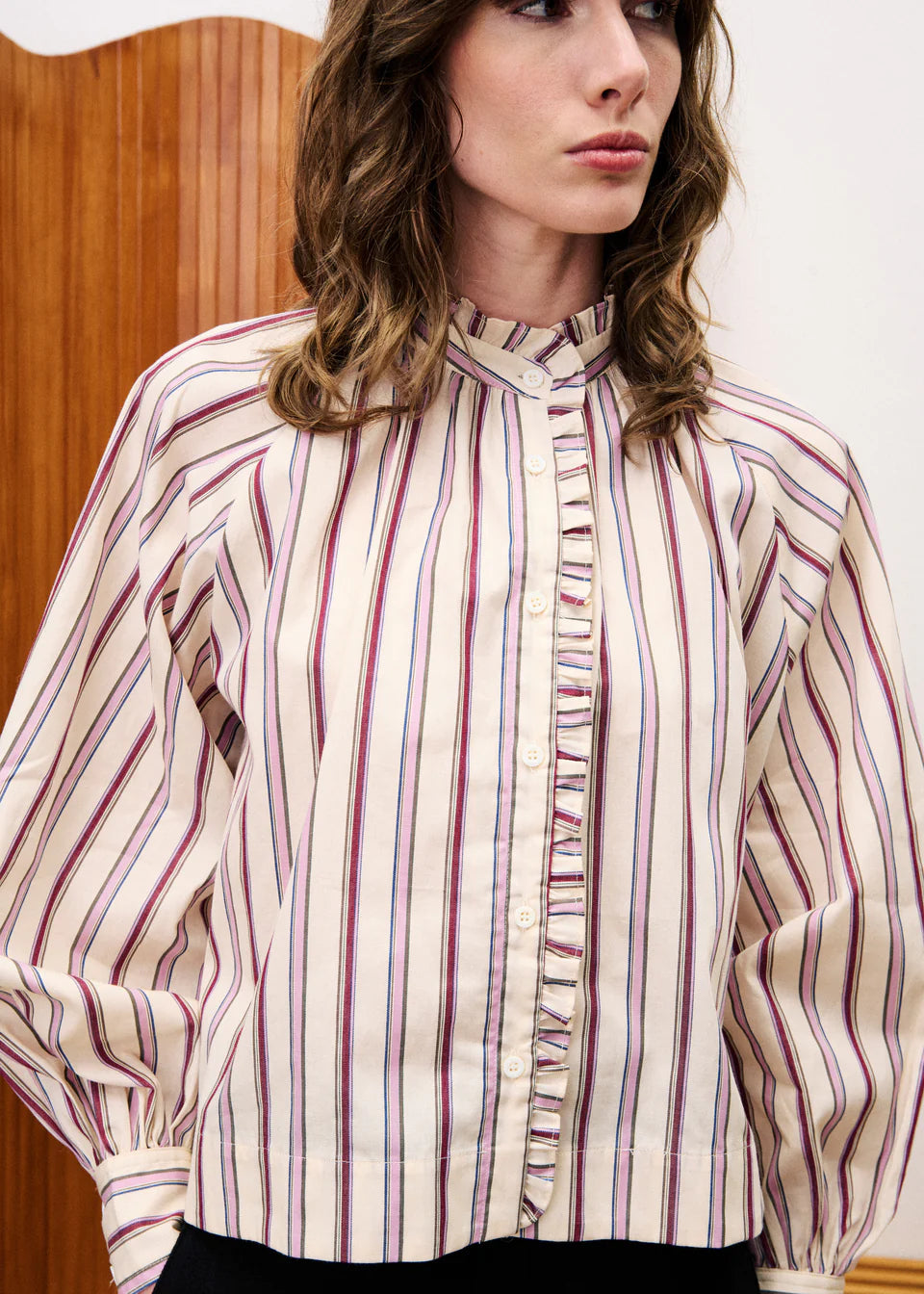 FRNCH Molly striped ruffle detail shirt Creme Bordeaux
