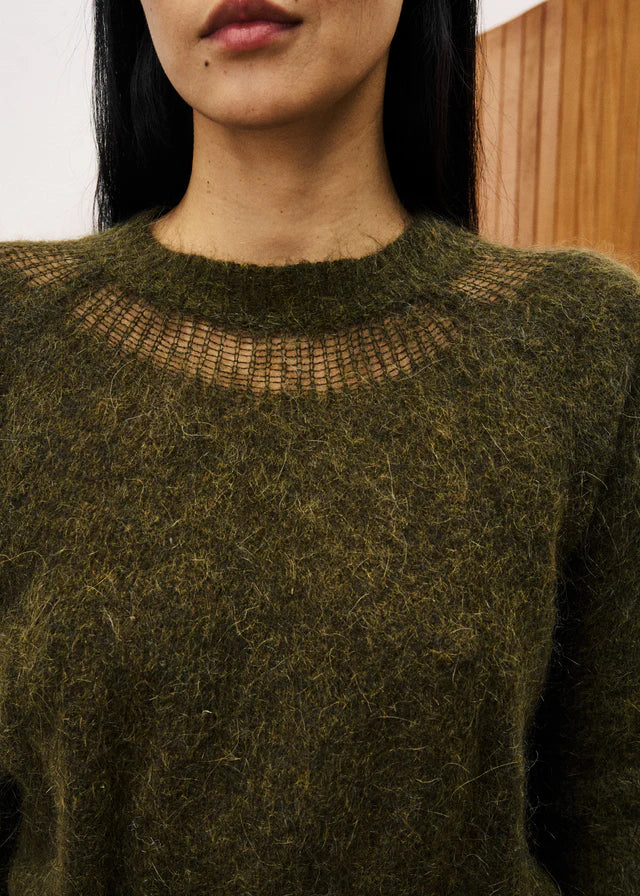FRNCH Peony sheer lacey neck detail knit Khaki