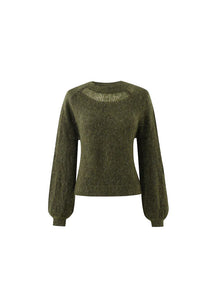 FRNCH Peony sheer lacey neck detail knit Khaki