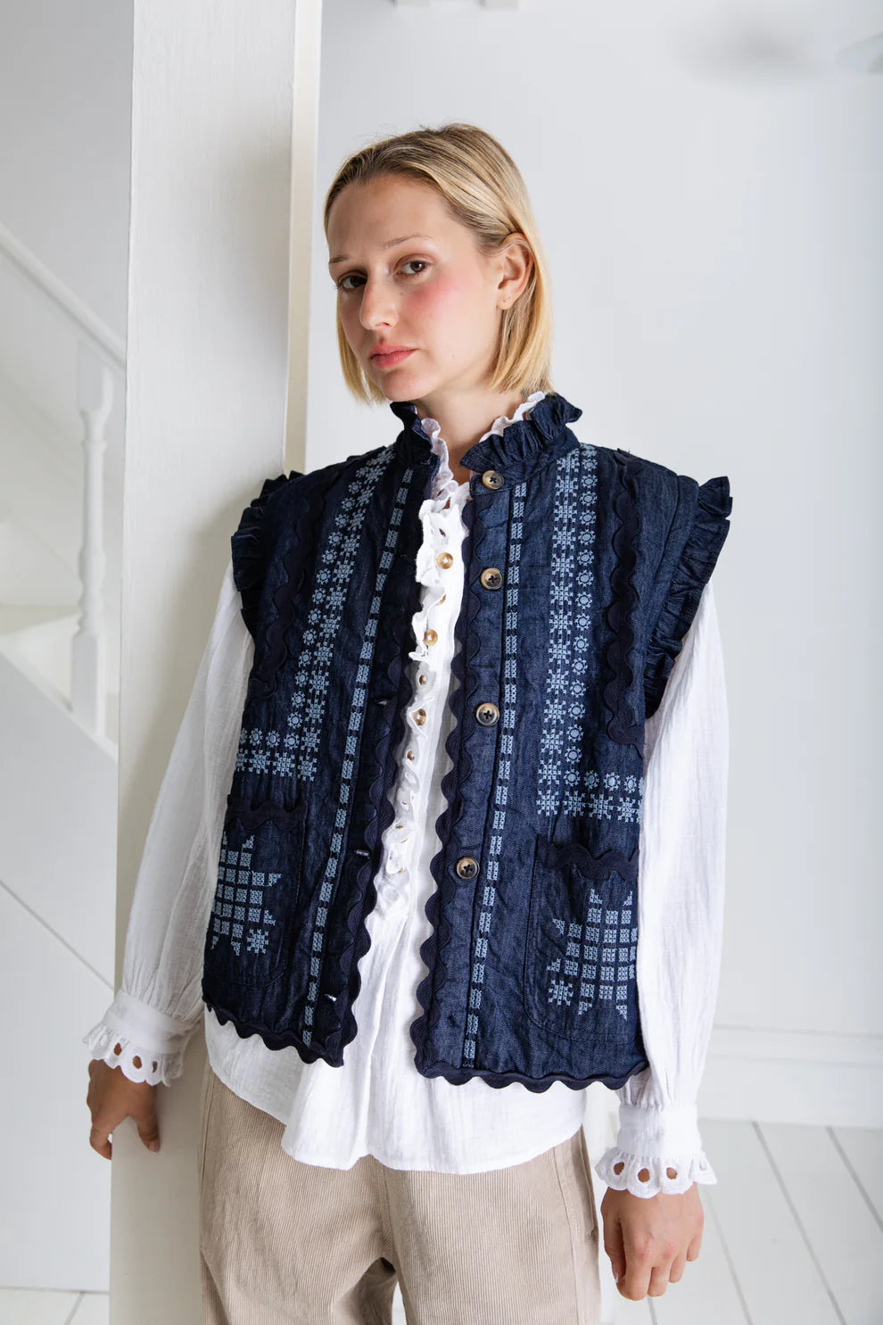 Bonté Gwen brocade and embroidery gilet Dark Denim